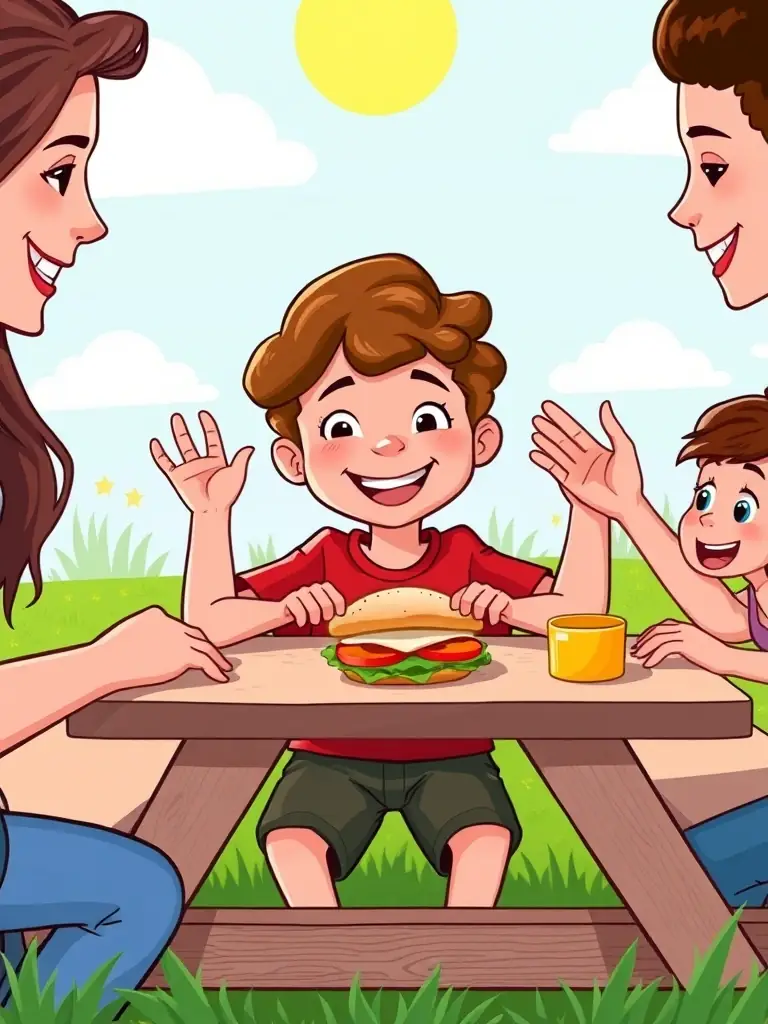 Illustration from 'The Alpha-Gal Adventures' children's book, showing a young boy with alpha-gal syndrome confidently choosing safe foods at a picnic, surrounded by supportive friends.