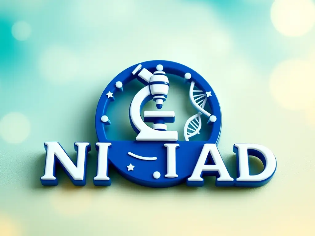 A digital illustration of the National Institute of Allergy and Infectious Diseases (NIAID) logo, representing research and advancements in allergy-related conditions, set against a teal and yellow background.