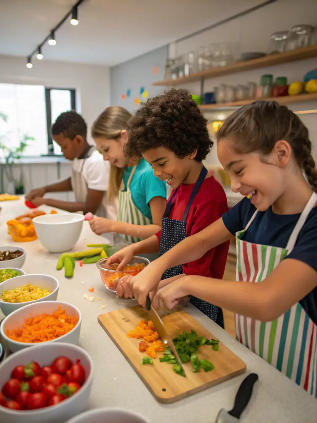 A colorful sketch from 'The Alpha-Gal Cookbook for Kids', depicting children happily preparing a meal together, using alpha-gal-friendly ingredients and easy-to-follow recipes.